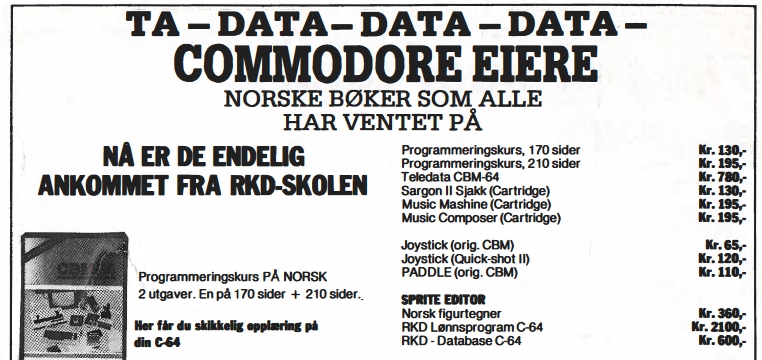 Utsnitt frå Mikrodata 4 1984. Salsannonse for program til Commodore 64, bl.a. "Norsk figurtegner" for 360 kr.